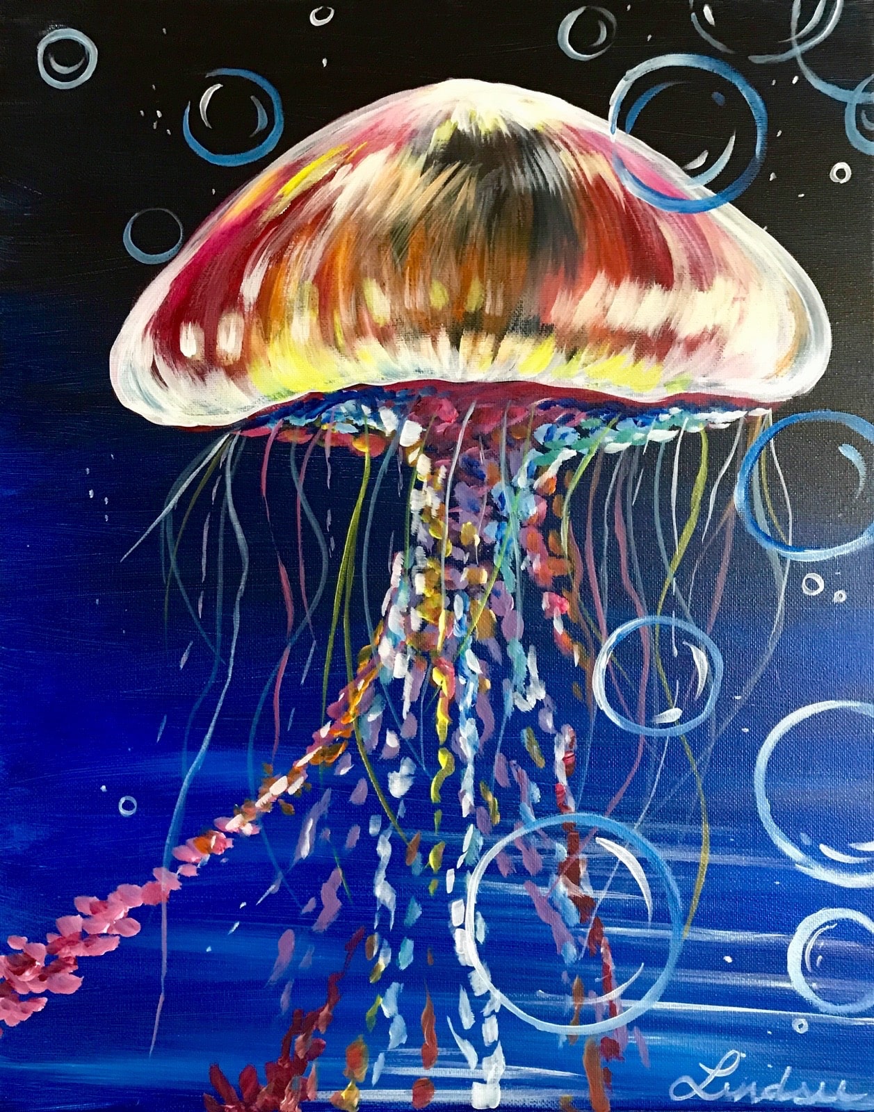 A vibrant painting of a glowing jellyfish floating underwater, with multicolored tentacles, swirling bubbles, and a deep blue ocean background.