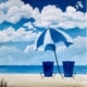 A serene beach painting featuring two blue chairs under a striped umbrella facing the ocean, with fluffy clouds in a bright blue sky.
