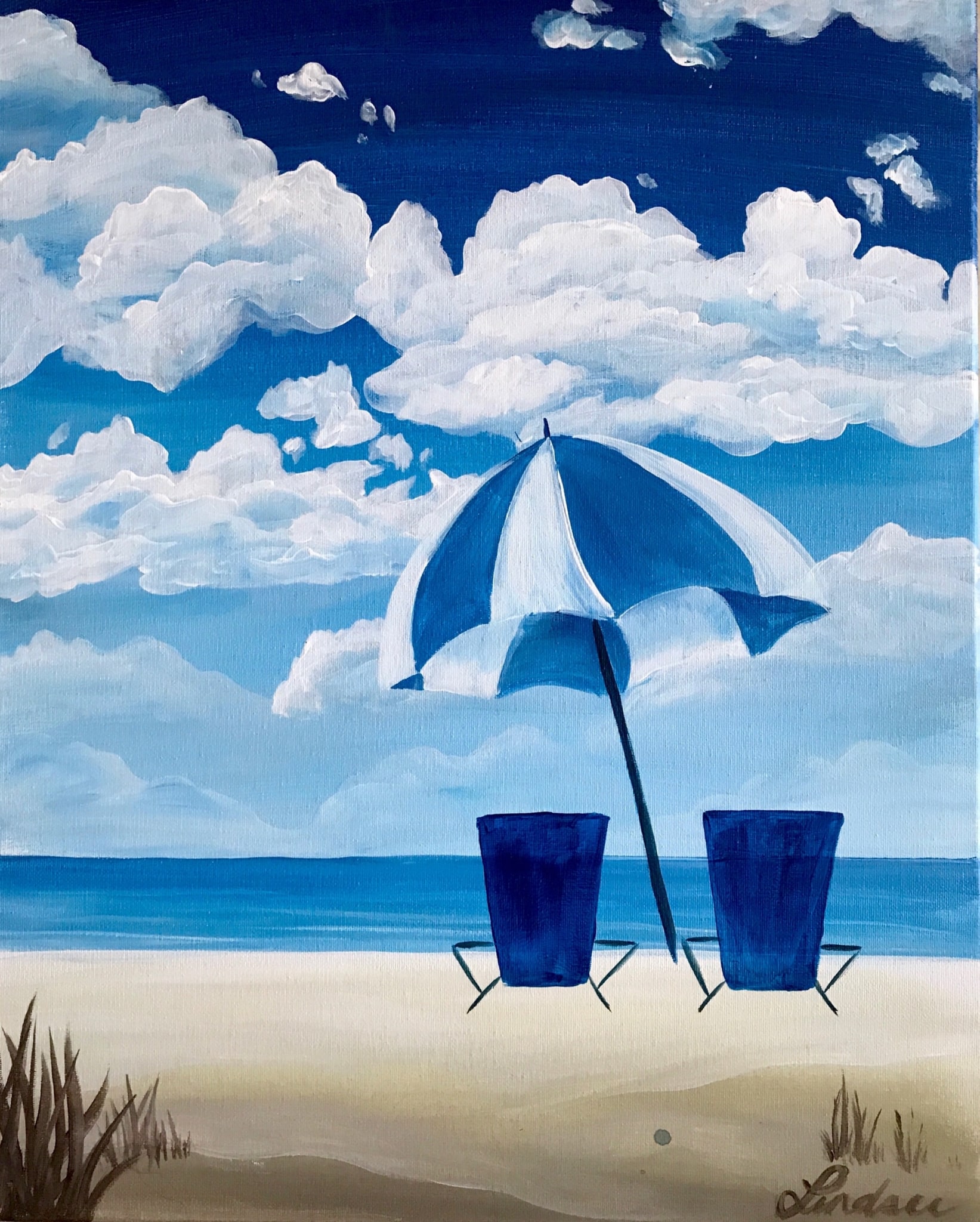 A serene beach painting featuring two blue chairs under a striped umbrella facing the ocean, with fluffy clouds in a bright blue sky.