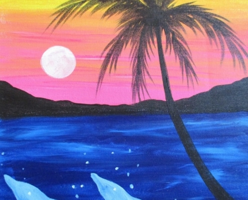 Painting titled Dolphins in the Sunset featuring two dolphins leaping from the ocean under a palm tree, with a glowing sunset sky and full moon.