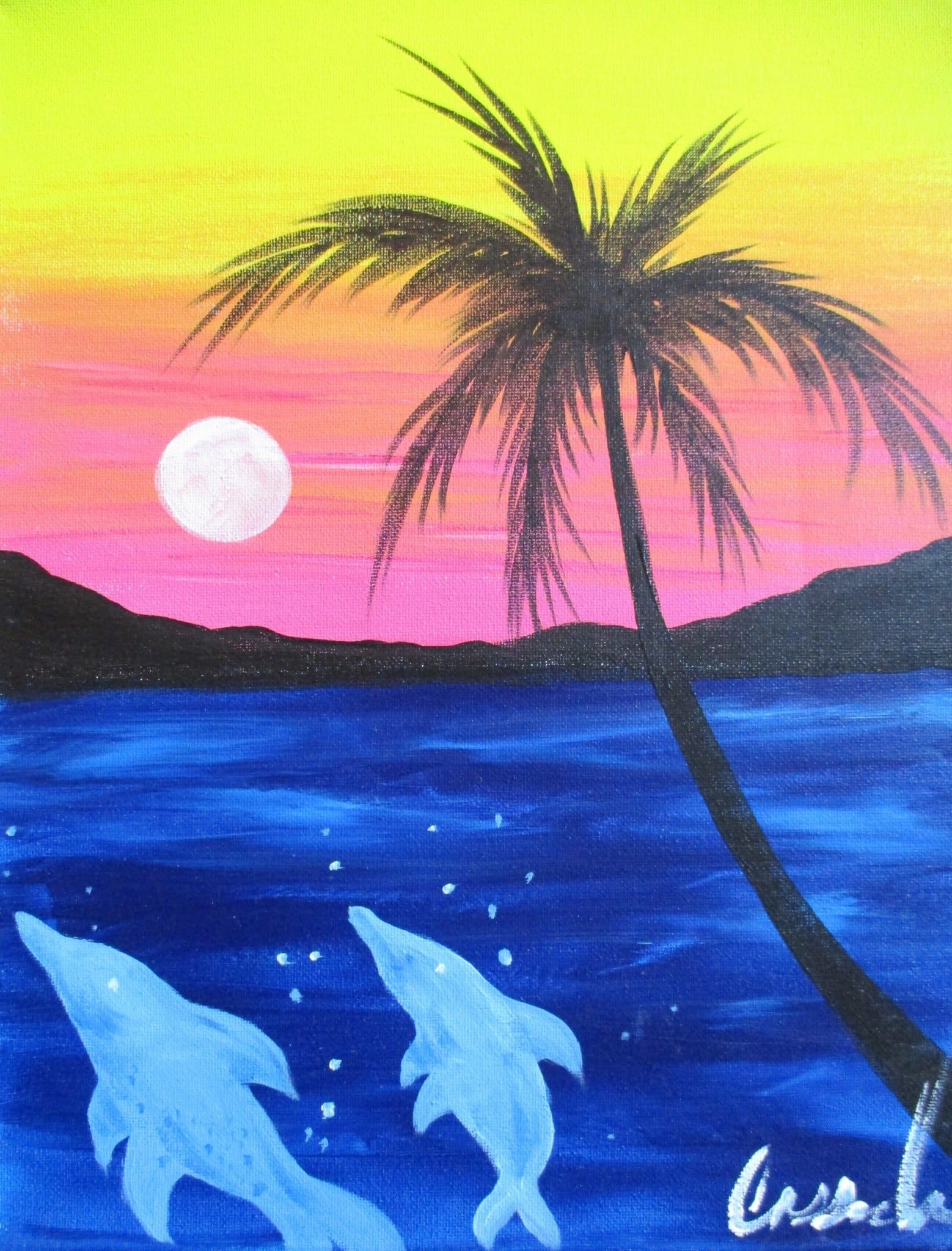 Painting titled Dolphins in the Sunset featuring two dolphins leaping from the ocean under a palm tree, with a glowing sunset sky and full moon.