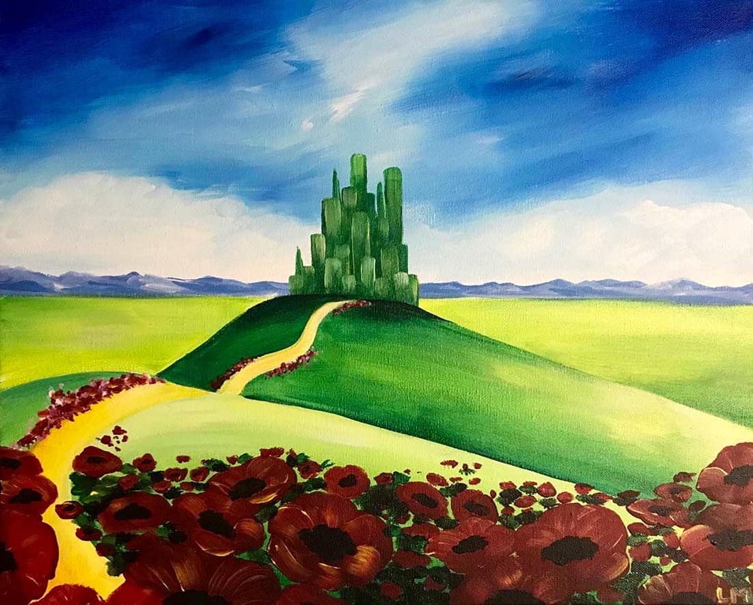 A whimsical painting of the Emerald City atop a green hill, with a yellow brick road winding through fields of red poppies under a vibrant sky.