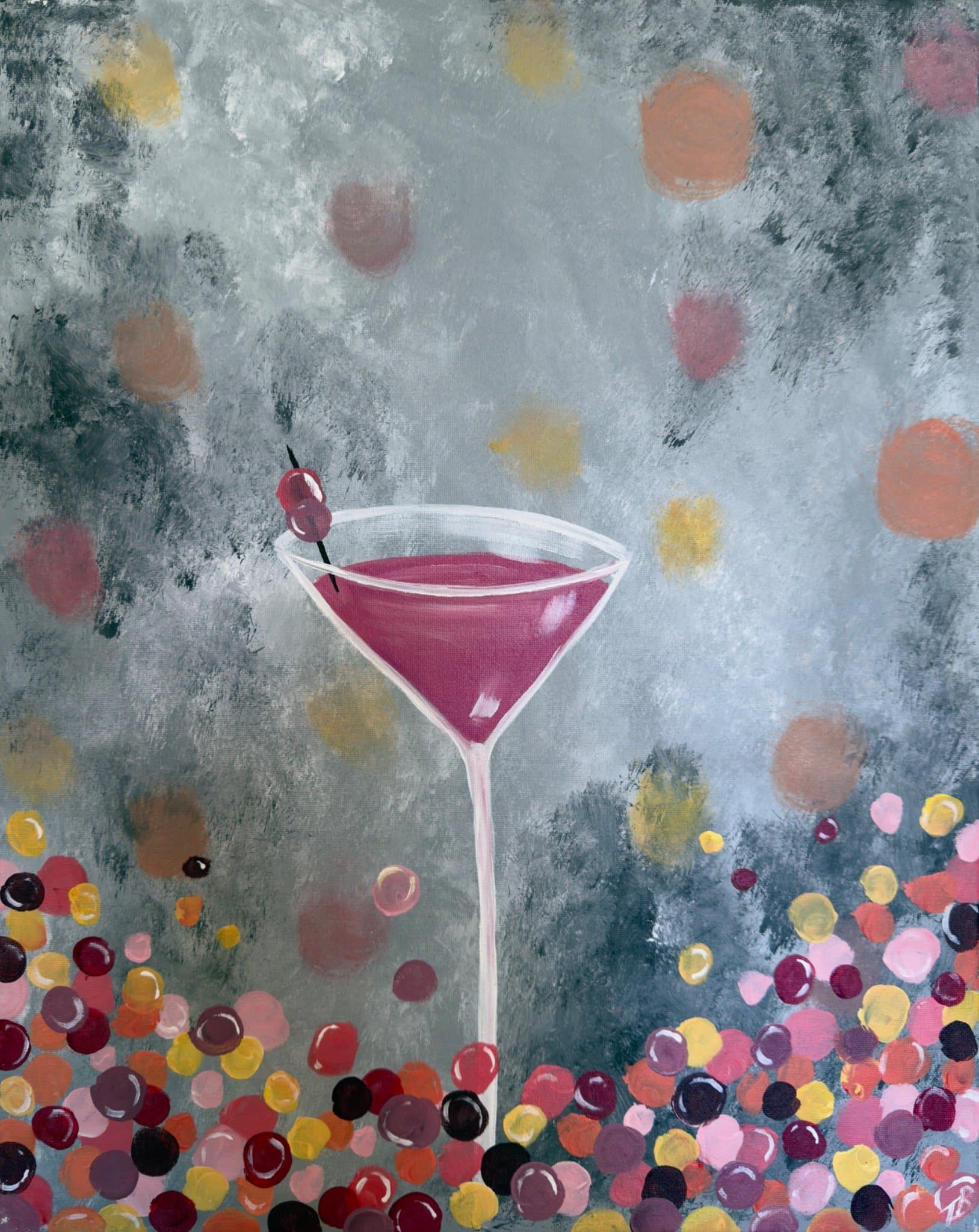 A vibrant cocktail glass surrounded by colorful bubbles, perfect for a Paint and Sip Party celebration.