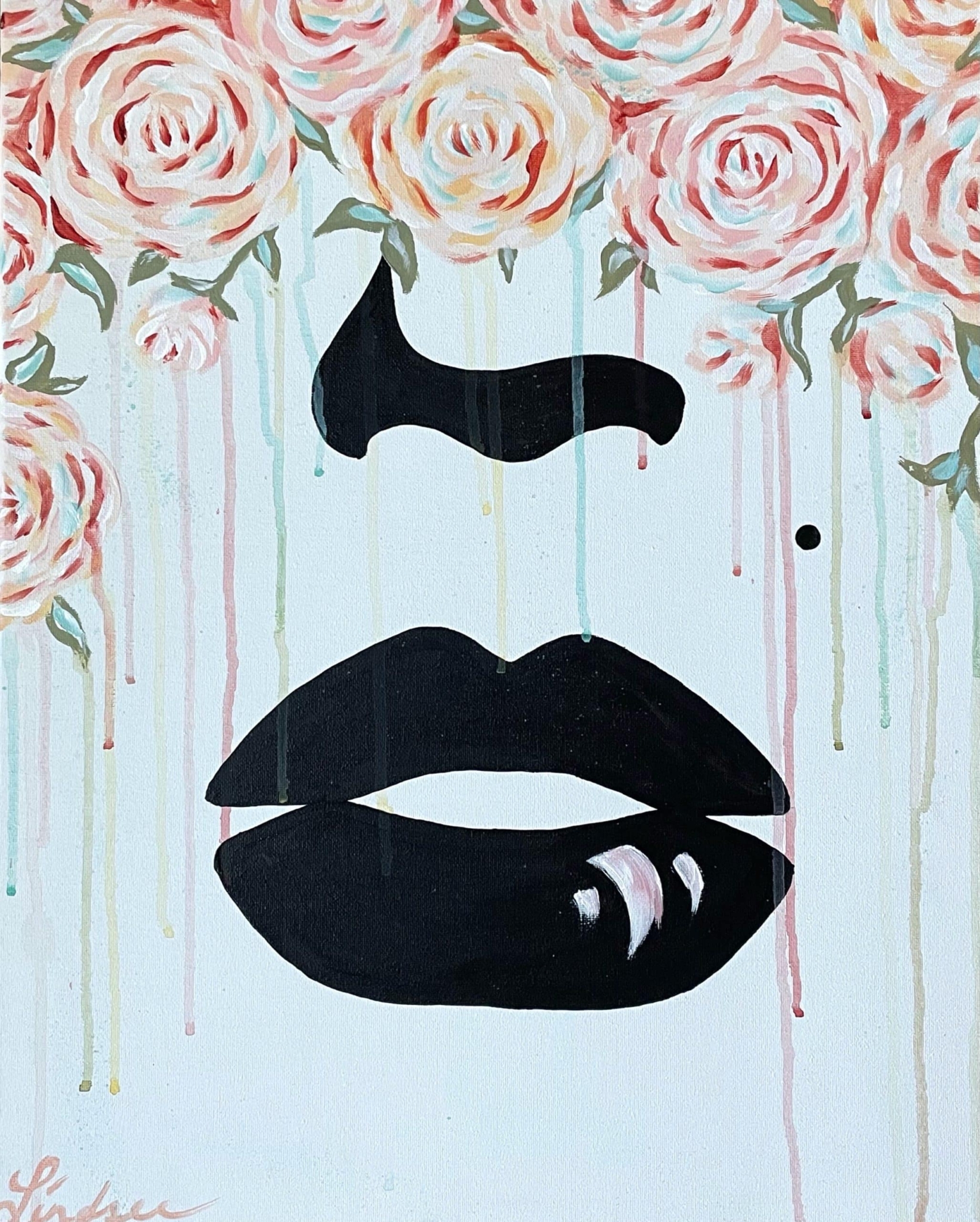A bold pop-art style painting created during a Paint & Sip Party featuring black lips, a beauty mark, and cascading pastel roses forming a floral crown, with soft drips of color on a white background.