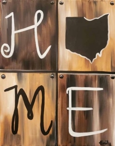 A rustic-style painting that spells out the word “HOME” using bold lettering and the shape of Ohio as the letter "O," set against a wood-textured background in warm brown tones.