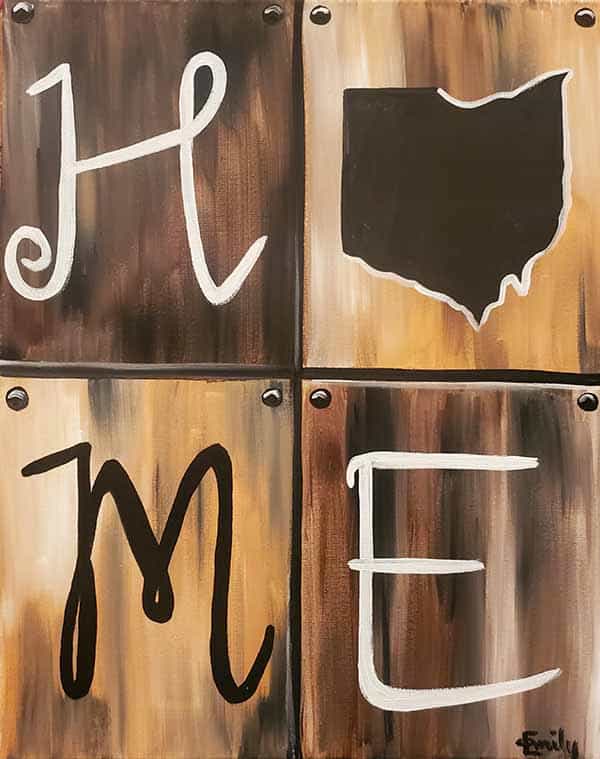 A rustic-style painting that spells out the word “HOME” using bold lettering and the shape of Ohio as the letter "O," set against a wood-textured background in warm brown tones.