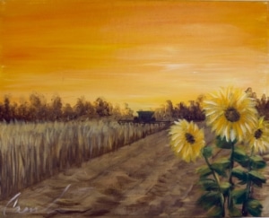Fields of Gold sunset painting with sunflowers for Oak Harbor Paint & Sip Party at Perfect Imperfections.