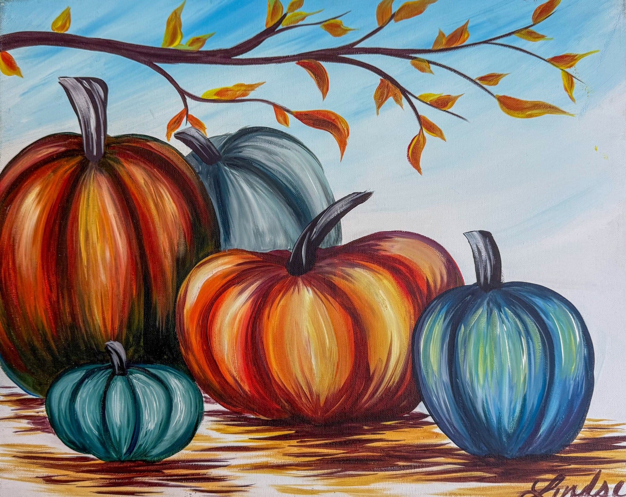 Autumn pumpkin painting with warm fall colors for Graytown Paint & Sip Party at The Mockingbird on Mill Road.