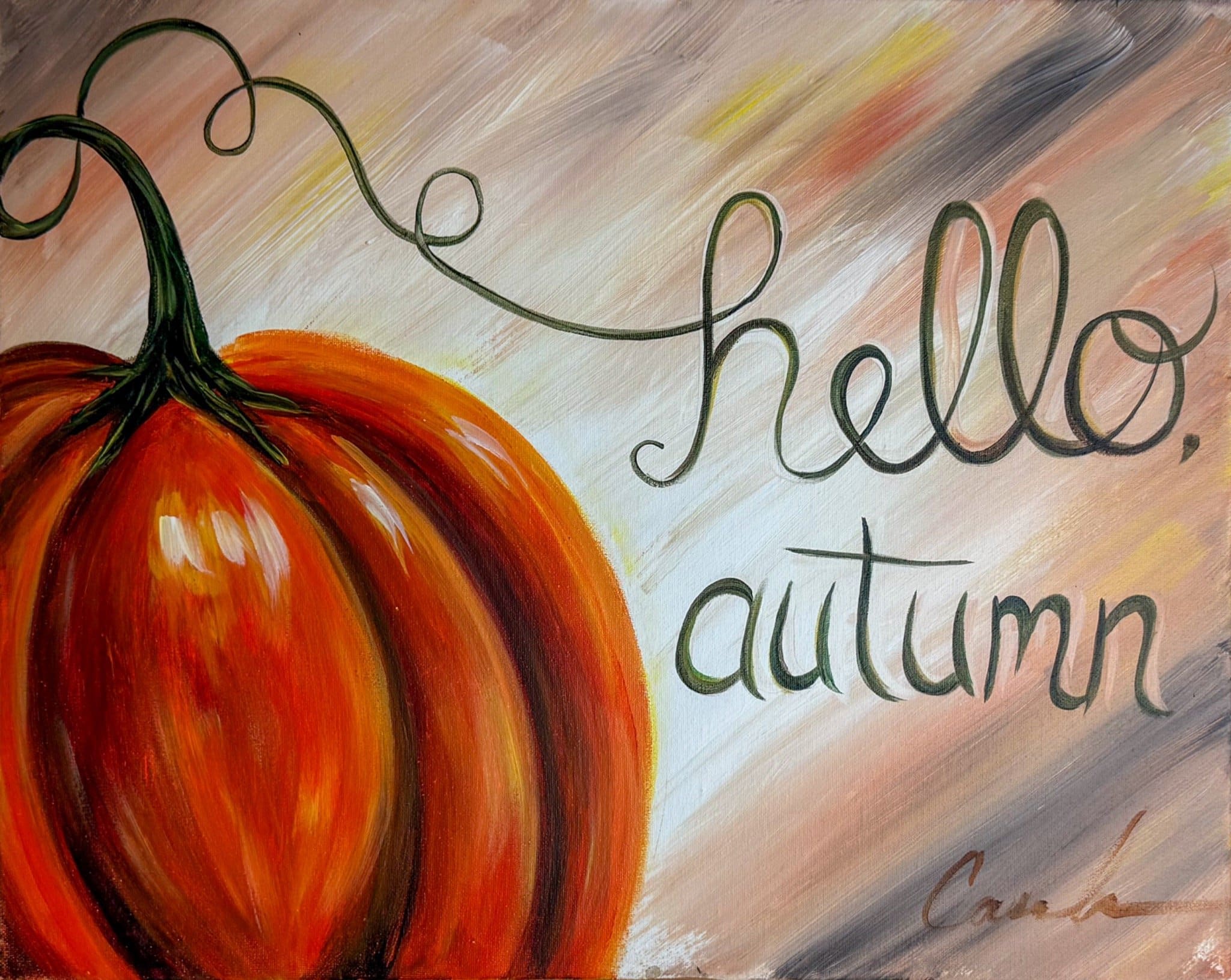 Fall-themed painting with a bright orange pumpkin and the words “hello autumn” in script, featured for a Paint & Sip Party.