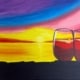 Colorful sunset painting with two wine glasses silhouetted against the water, created for a Toledo Paint & Sip Party.