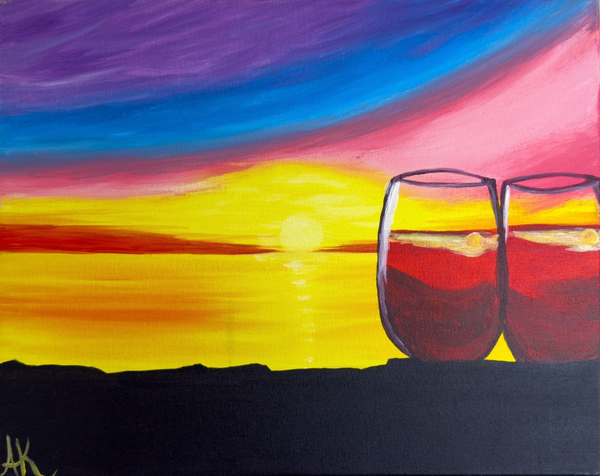 Colorful sunset painting with two wine glasses silhouetted against the water, created for a Toledo Paint & Sip Party.