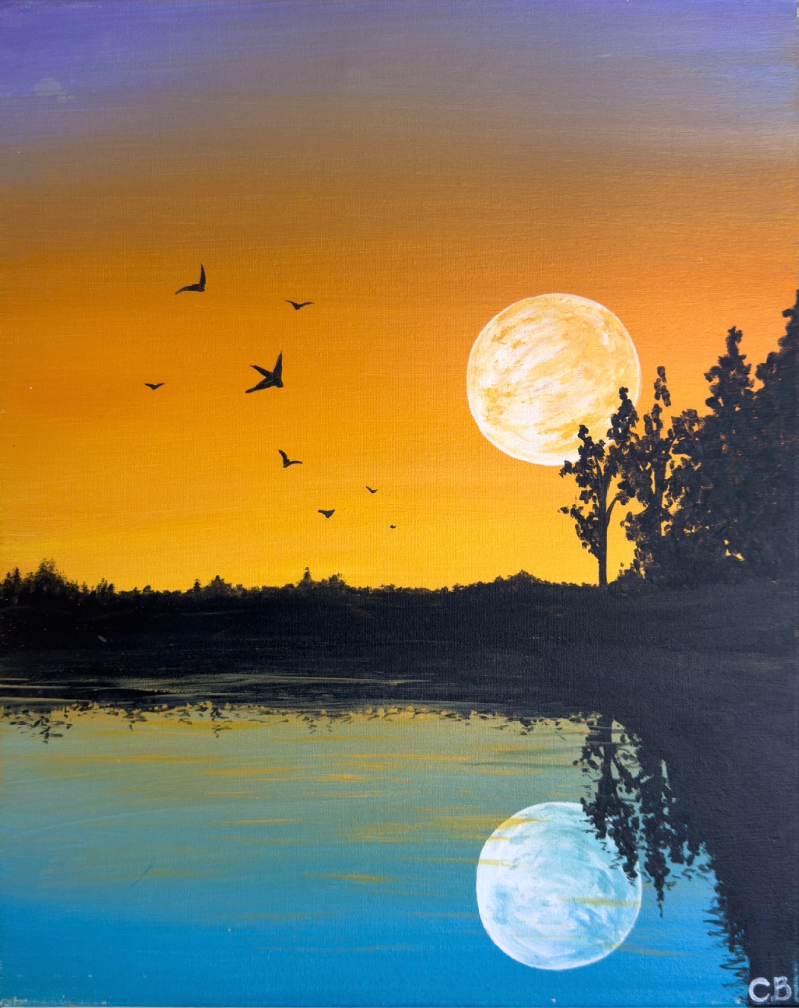 Night sky painting titled “Full Moon Flight” featuring a glowing moon, shimmering lake reflection, silhouetted trees, and birds in flight for a private Paint & Sip Party.