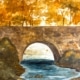 Autumn Bridge painting featuring a rustic stone bridge, golden fall trees, and a flowing stream, created for a Toledo Paint & Sip Party.