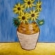 Painting of bright yellow sunflowers in a rustic vase against a blue background, featured for the Toledo Paint & Sip Party – Van Gogh Sunflowers.
