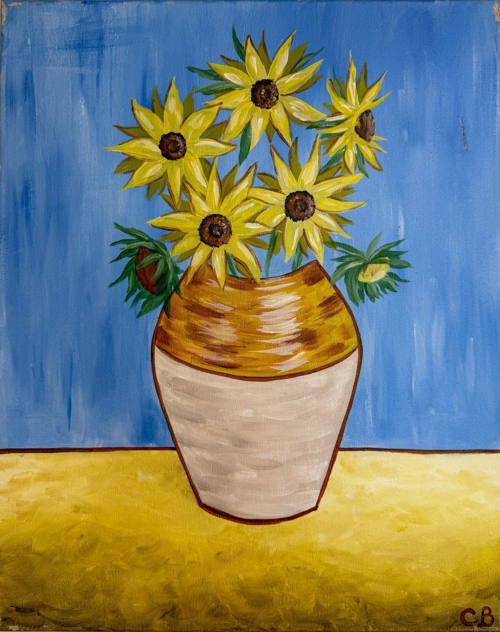 Painting of bright yellow sunflowers in a rustic vase against a blue background, featured for the Toledo Paint & Sip Party – Van Gogh Sunflowers.