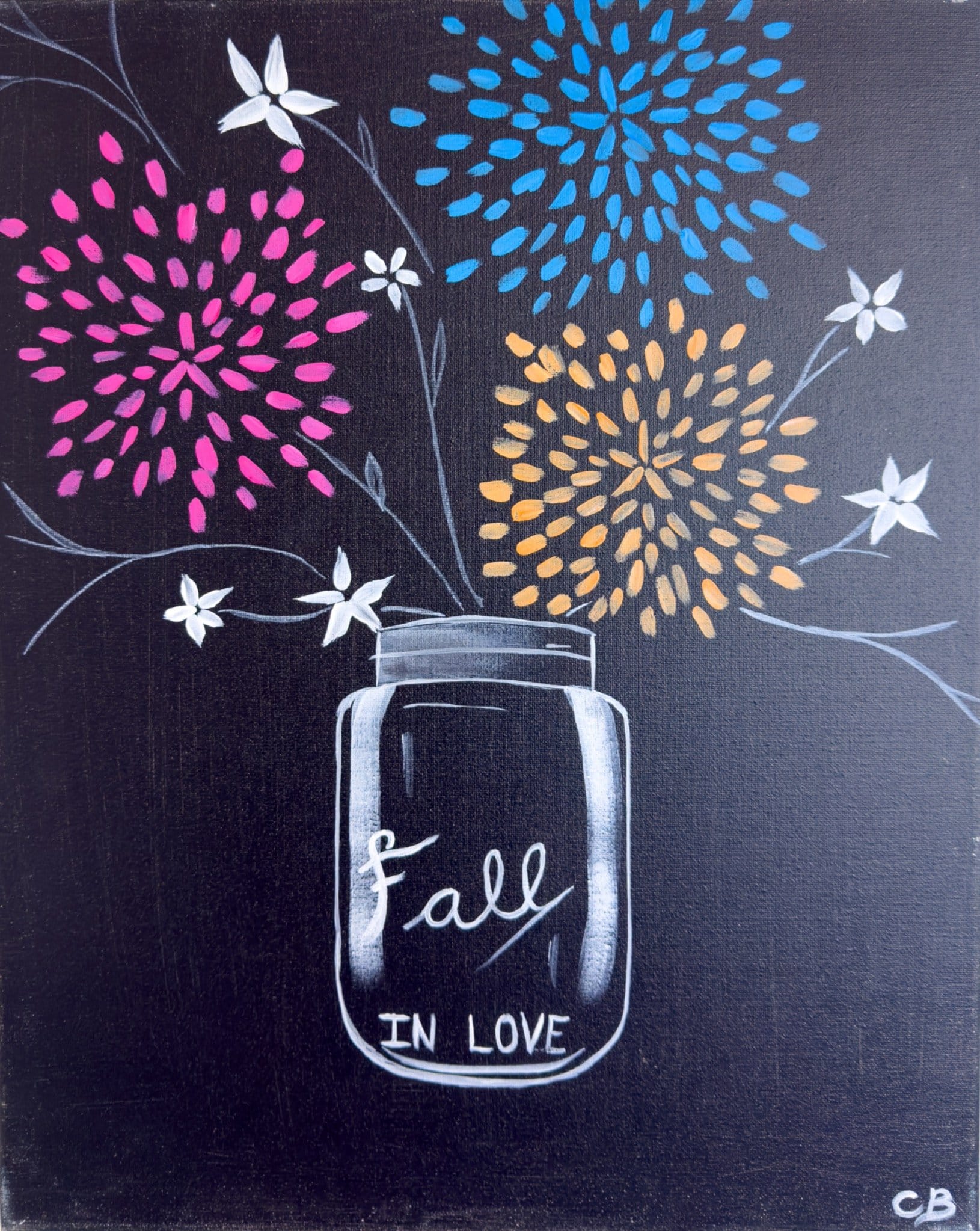 Painting titled Fall in Love with colorful floral bursts and a mason jar on a black canvas, created for a Toledo Paint & Sip Express class.