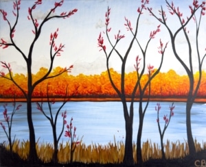 Painting titled Lakeside in the Fall featuring silhouetted trees, a calm lake, and glowing autumn foliage in rich orange and gold hues.