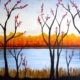 Painting titled Lakeside in the Fall featuring silhouetted trees, a calm lake, and glowing autumn foliage in rich orange and gold hues.