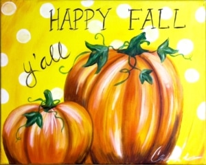 Painting titled Happy Fall Pumpkins featuring two pumpkins with green vines, polka-dot background, and text “Happy Fall Y’all.”