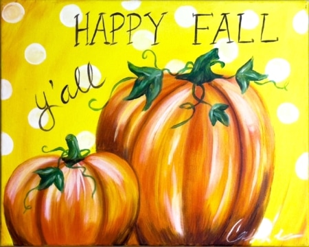 Painting titled Happy Fall Pumpkins featuring two pumpkins with green vines, polka-dot background, and text “Happy Fall Y’all.”