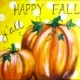 Painting titled Happy Fall Pumpkins featuring two pumpkins with green vines, polka-dot background, and text “Happy Fall Y’all.”