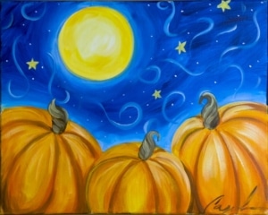 Painting titled Midnight Pumpkins featuring three glowing orange pumpkins under a bright moon and starry night sky.