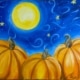 Painting titled Midnight Pumpkins featuring three glowing orange pumpkins under a bright moon and starry night sky.