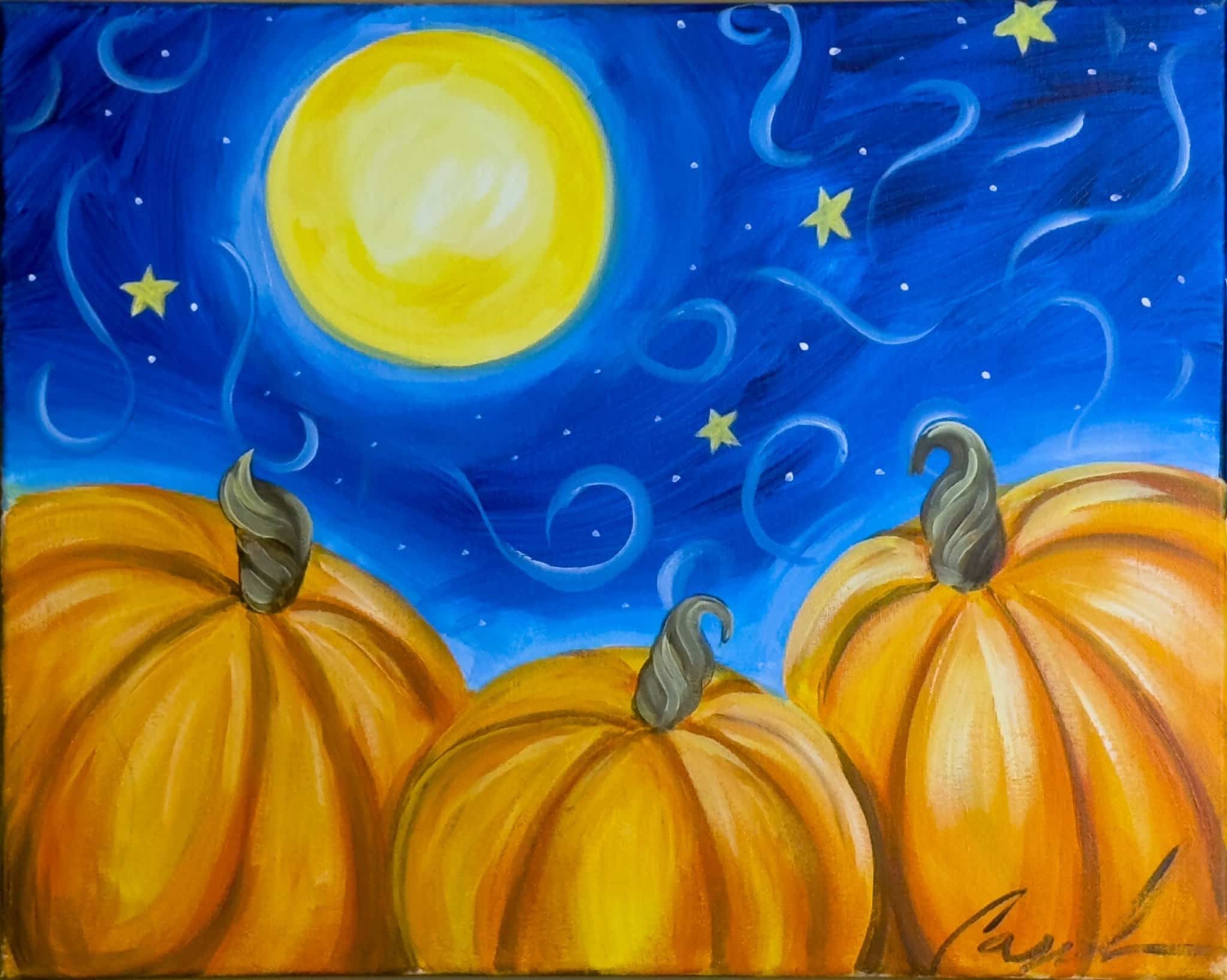 Painting titled Midnight Pumpkins featuring three glowing orange pumpkins under a bright moon and starry night sky.