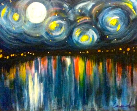Vibrant night sky painting with swirling stars and moon reflecting on water, created for a private Paint & Sip Party.