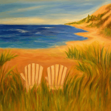Summer by the Lake painting of two Adirondack chairs overlooking a sandy beach and blue water, perfect for a Private Paint & Sip Party.