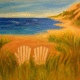Summer by the Lake painting of two Adirondack chairs overlooking a sandy beach and blue water, perfect for a Private Paint & Sip Party.