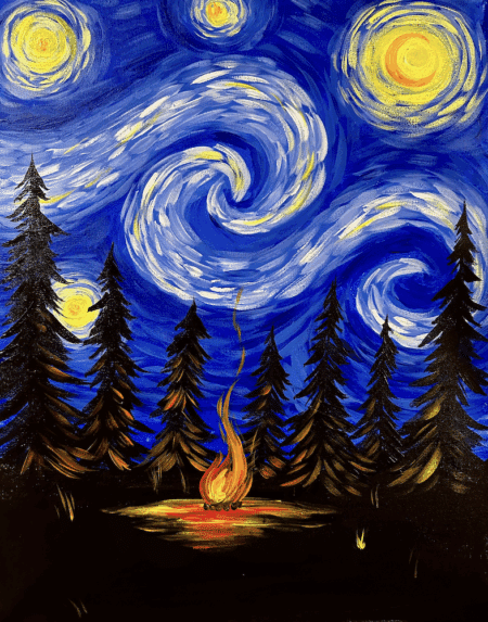 A vibrant forest night scene from a Paint and Sip Party, featuring a glowing campfire, tall pine trees, and a swirling starry sky.