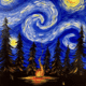 A vibrant forest night scene from a Paint and Sip Party, featuring a glowing campfire, tall pine trees, and a swirling starry sky.