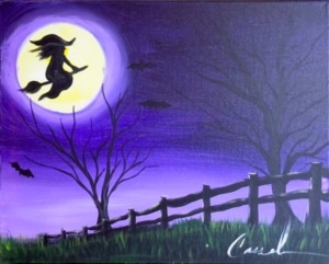Painting titled Witch Moon featuring a silhouette of a witch flying across a glowing full moon with bats, trees, and a purple night sky.