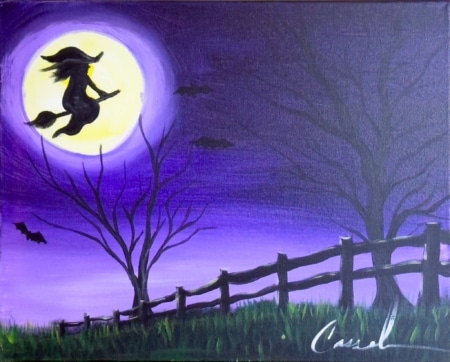 Painting titled Witch Moon featuring a silhouette of a witch flying across a glowing full moon with bats, trees, and a purple night sky.