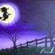Painting titled Witch Moon featuring a silhouette of a witch flying across a glowing full moon with bats, trees, and a purple night sky.