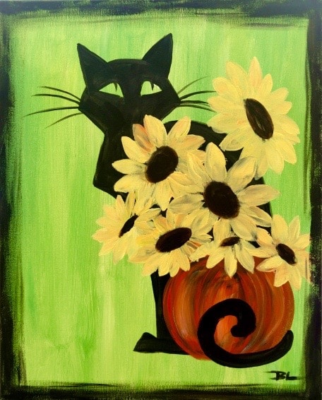 Painting of a black cat peeking out from behind a bouquet of yellow sunflowers with a pumpkin on a green background