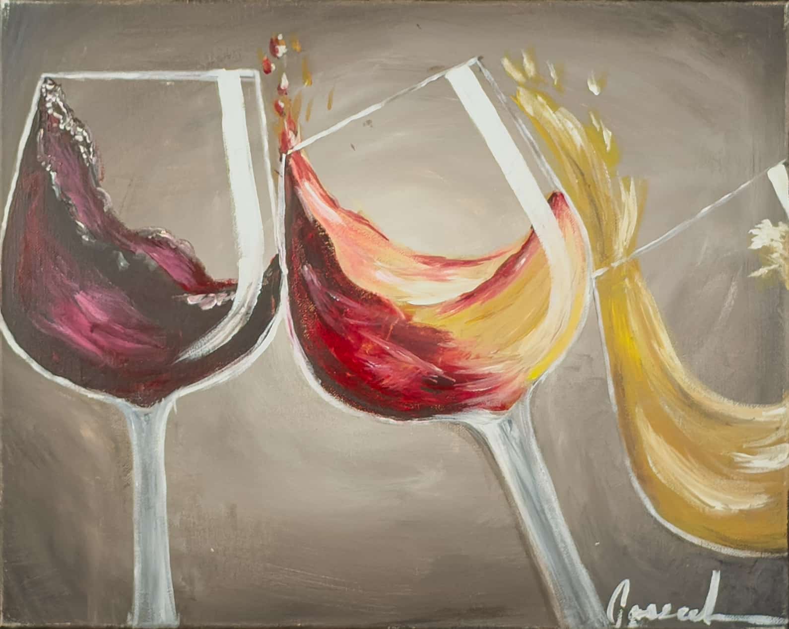 Paint and Sip artwork featuring three wine glasses in motion, splashing with red and golden wine in a lively, celebratory style.