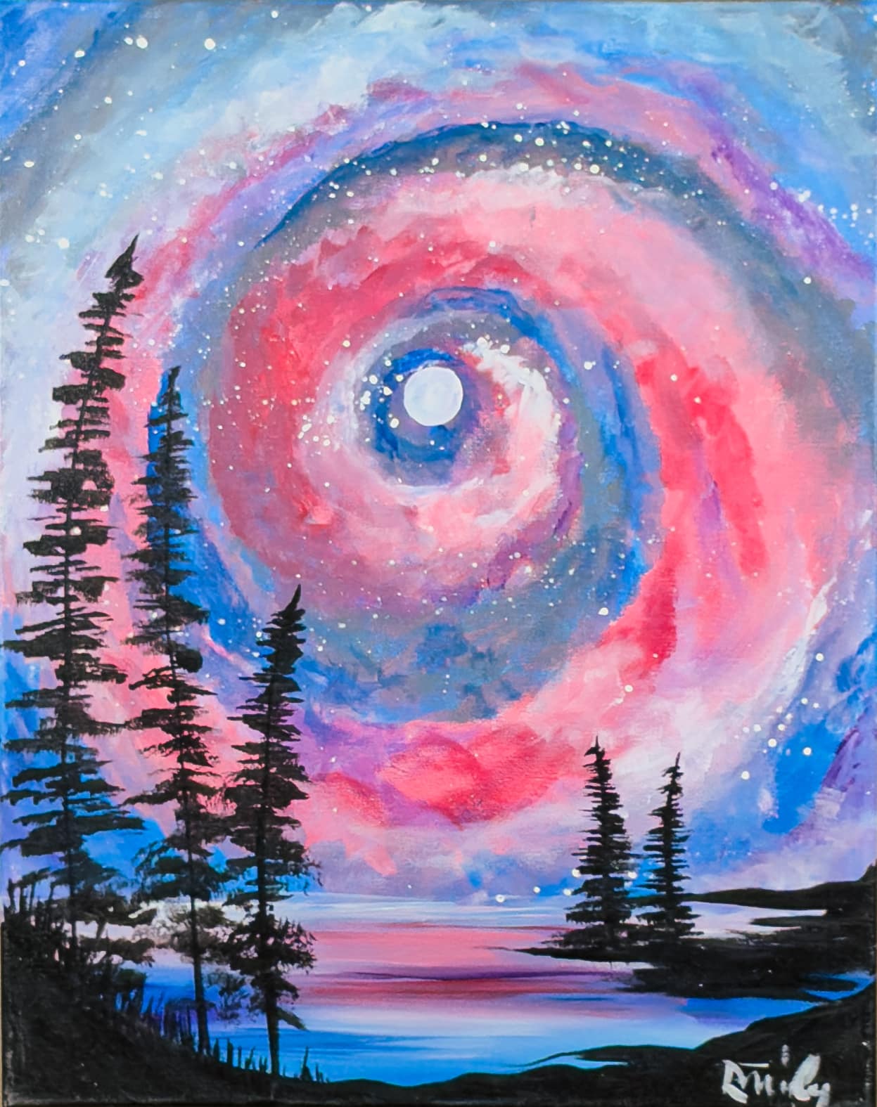 That swirling galaxy sky painting would fit best under Night Scenes ✨🌌 since it features a dramatic night sky with stars, moon, and silhouettes of trees.