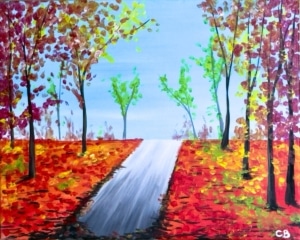 Colorful autumn trees with a quiet path leading into the distance – Autumn Silence painting at Wine & Canvas Toledo