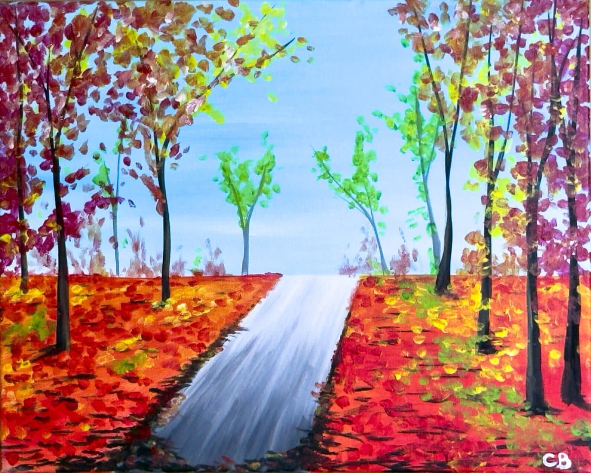 Colorful autumn trees with a quiet path leading into the distance – Autumn Silence painting at Wine & Canvas Toledo