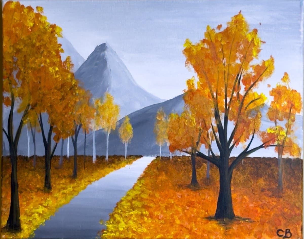 Autumn Trail painting with golden fall trees lining a path toward mountains under a soft gray sky