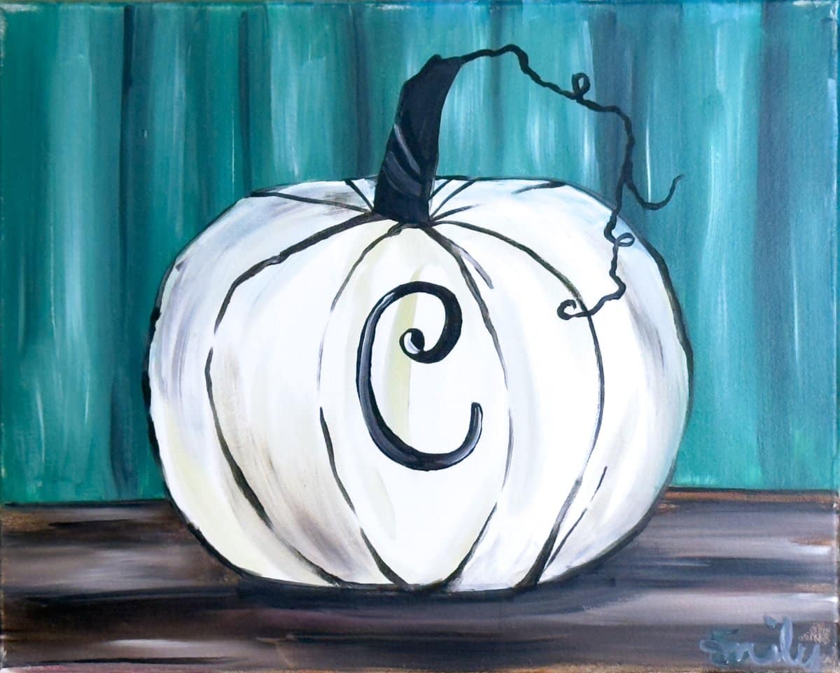 White pumpkin with black curly stem and monogram letter – Customize Your Pumpkin painting at Wine & Canvas Toledo