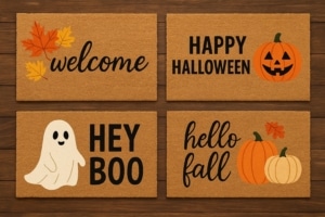 AI-generated example of fall and Halloween doormat designs for Wine & Canvas DIY Doormat Painting Party in Toledo.