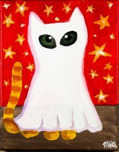Cute ghost cat with striped tail and glowing eyes on a starry background – Ghost Cat kids painting at Wine & Canvas Toledo