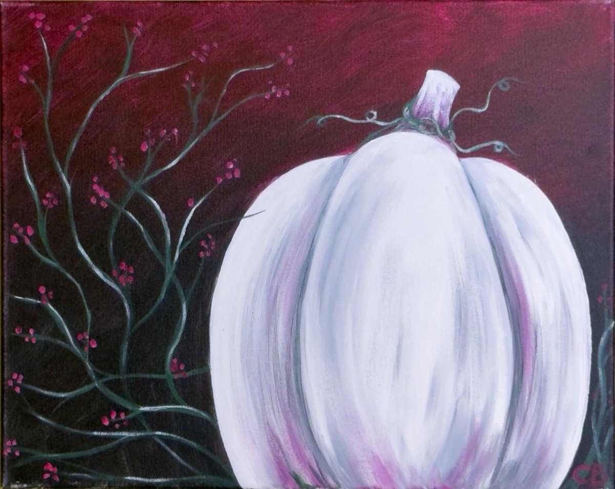 Great White Pumpkin painting with a pale pumpkin on a deep burgundy background with vines and berries