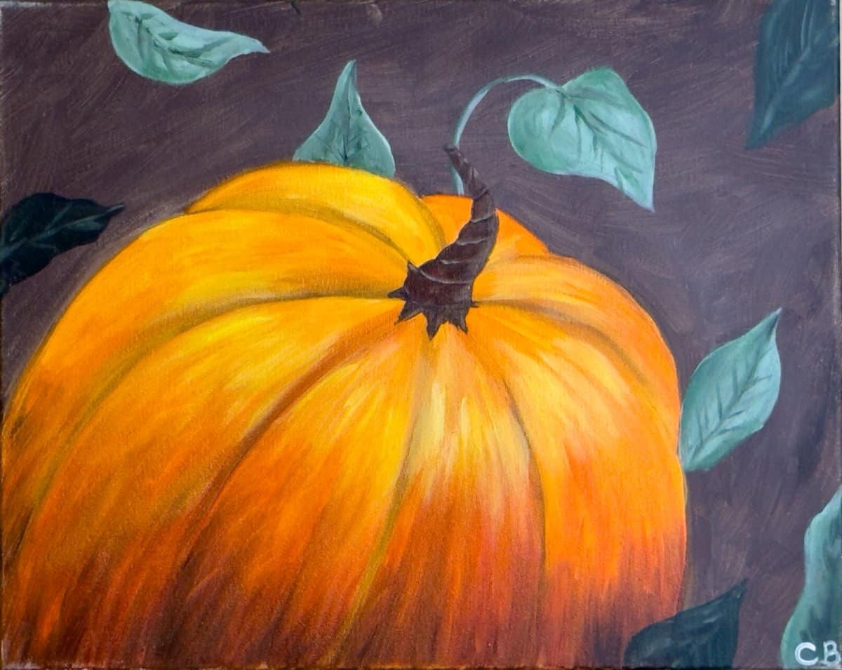 Painting of a large golden-orange pumpkin with green leaves on a dark background