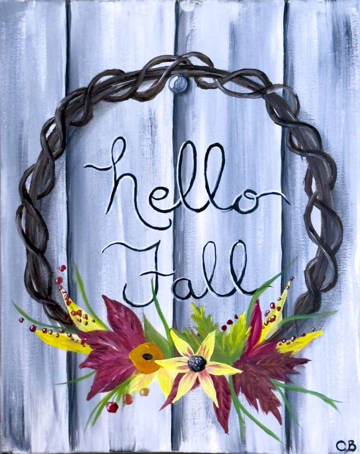 Hello Fall paint and sip canvas featuring a rustic wood background, grapevine wreath, autumn flowers, and hand-lettered text.