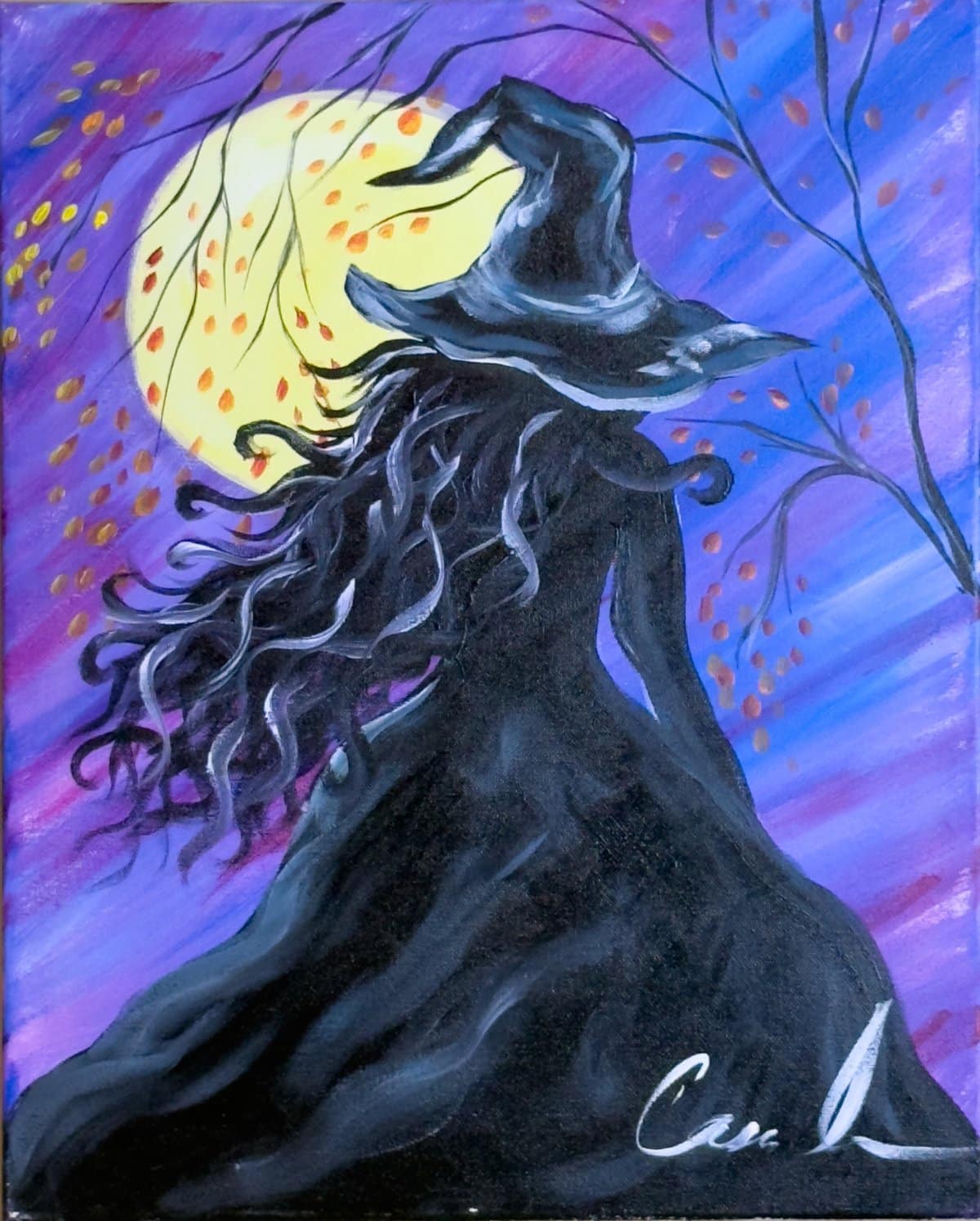 Silhouette of a witch under the full moon with flowing hair and autumn leaves – Moonlit Witch painting at Wine & Canvas Toledo