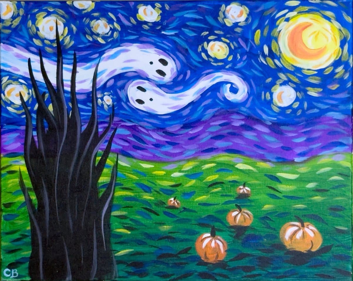 Halloween-themed starry night painting with swirling sky, ghosts, pumpkins, and glowing moon – Spooky Starry Night at Wine & Canvas Toledo